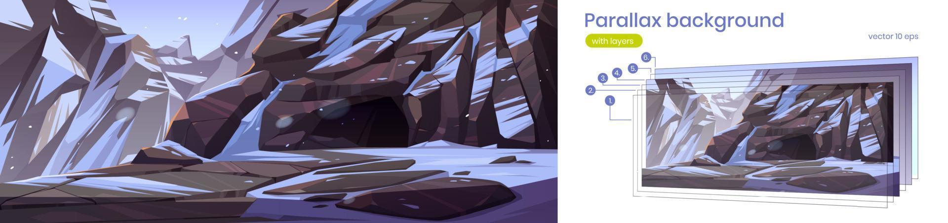 Parallax background with mountains, cave and snow vector