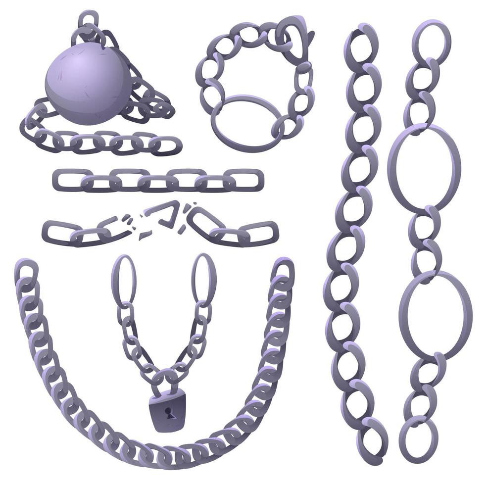 Metal chains with whole and broken links and lock vector