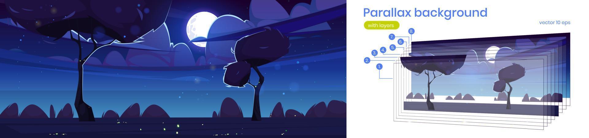 Parallax background with summer landscape at night vector
