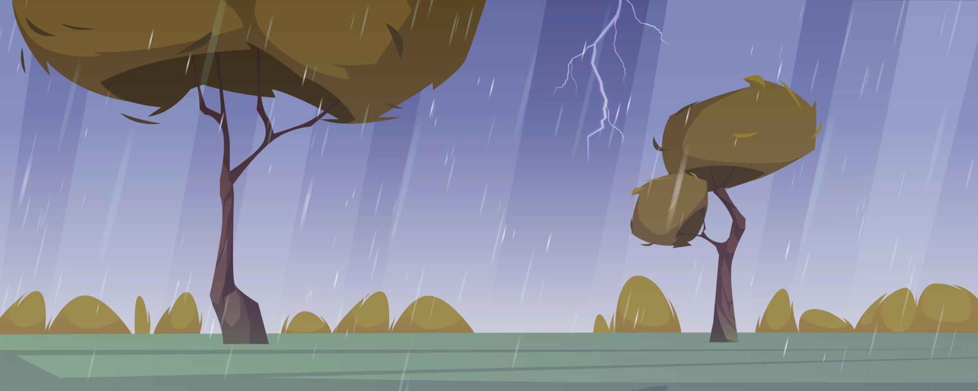 paisaje de dibujos animados de lluvia de verano, tormenta, relámpagos vector