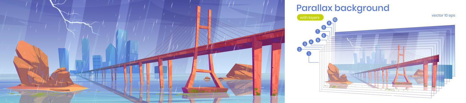 fondo de paralaje ciudad moderna en tiempo de tormenta vector