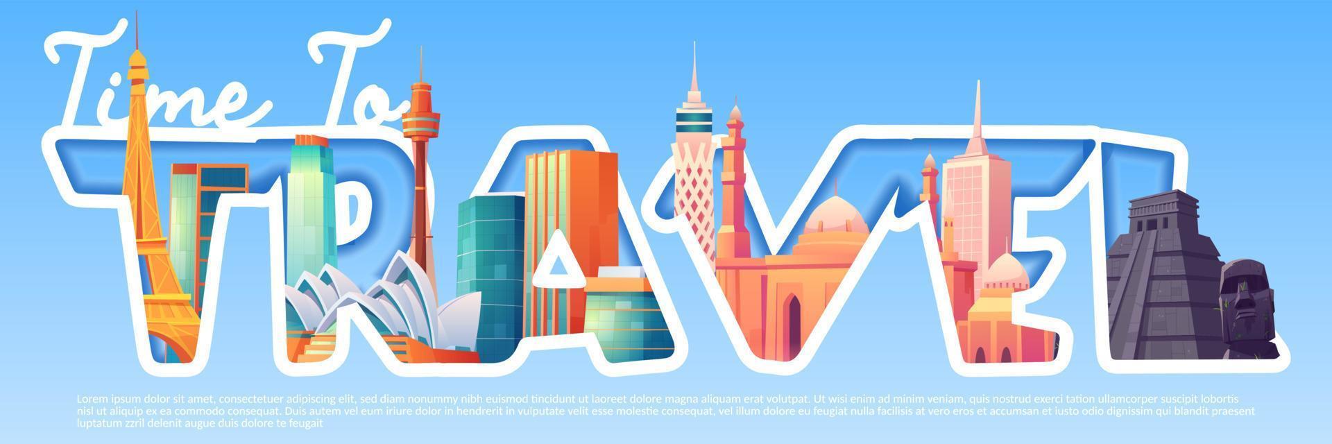hora de viajar banner de dibujos animados con puntos de referencia mundiales vector