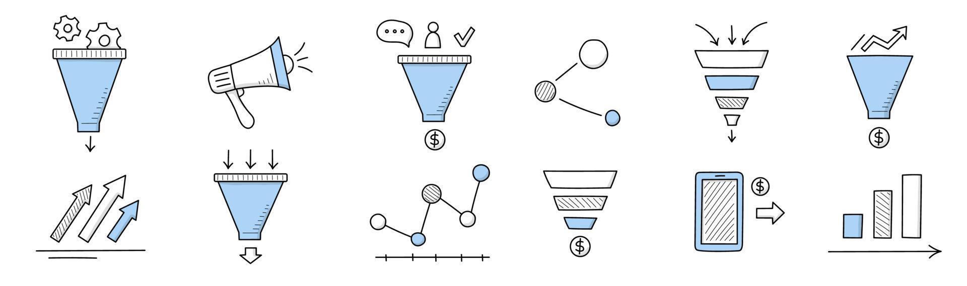 iconos de garabatos de embudo de ventas, signos comerciales lineales vector