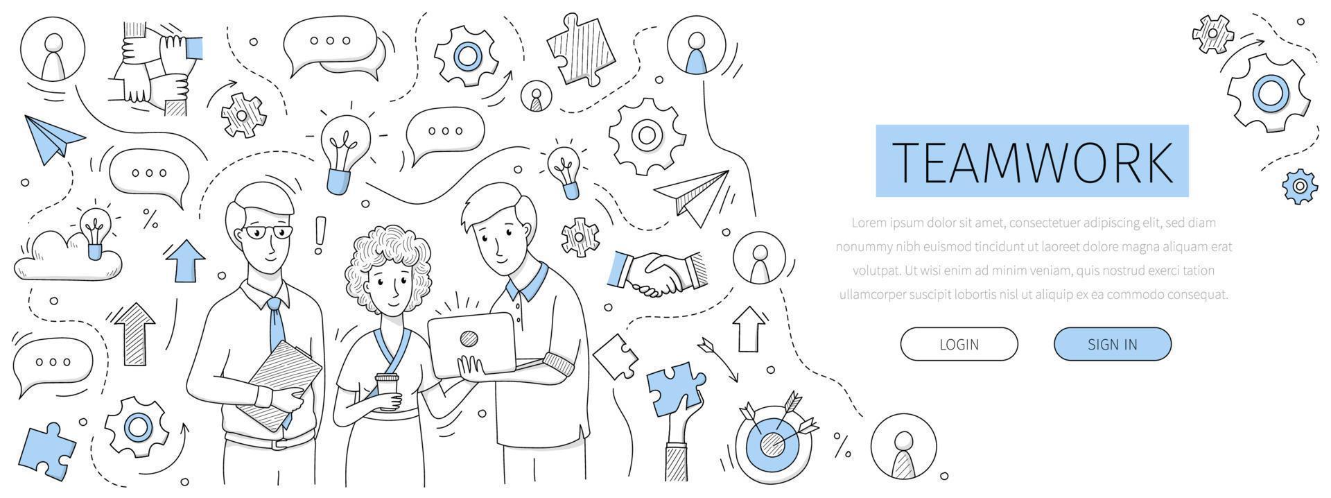 Teamwork landing page with doodle business people vector