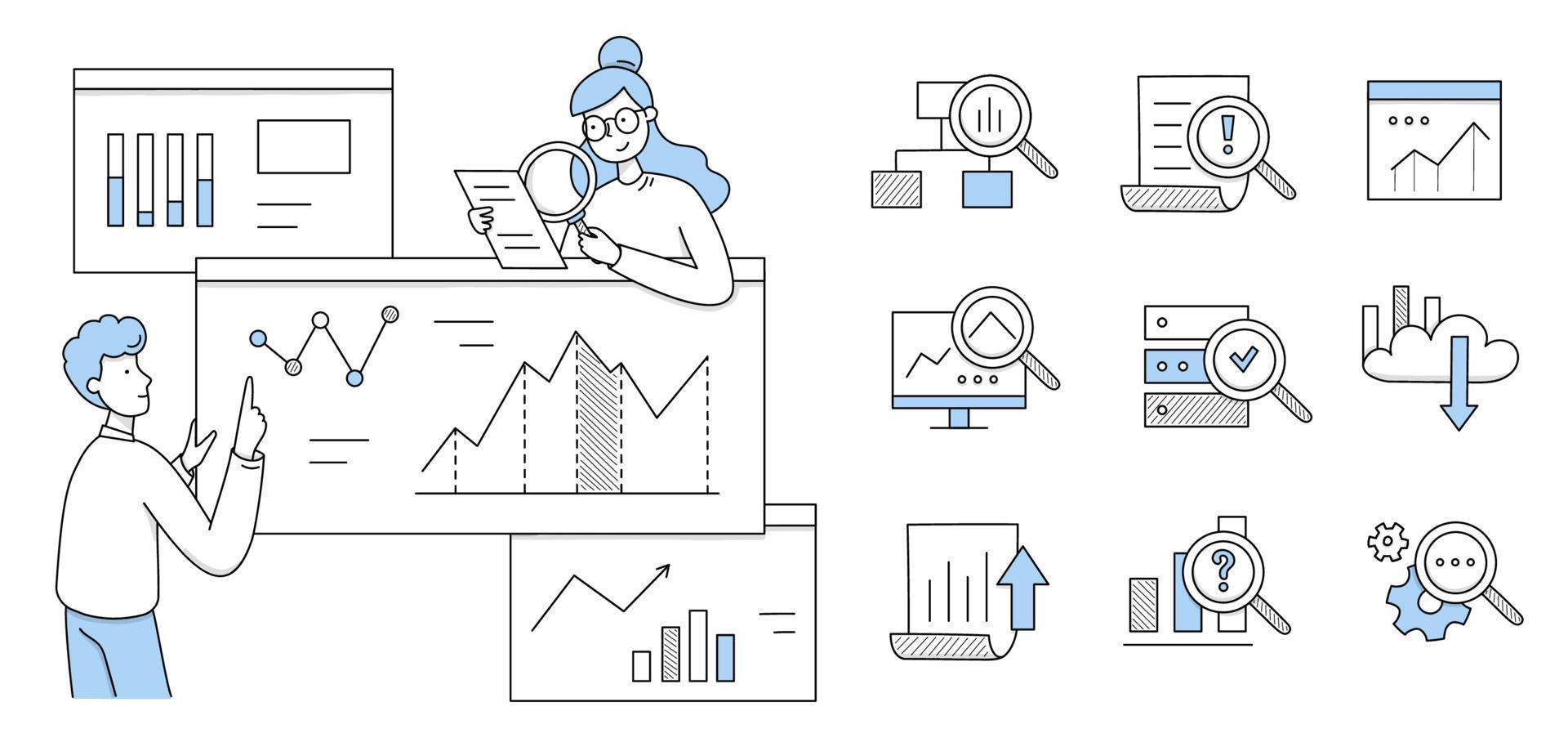 análisis de datos de investigación de personas, iconos de garabatos vector