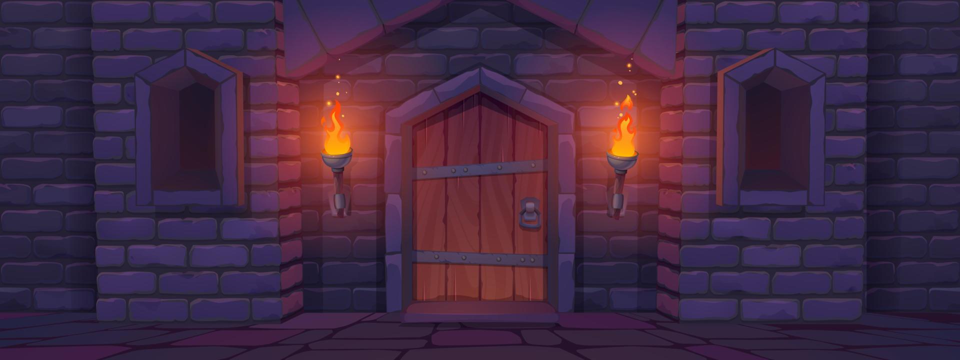 Medieval castle gate at night, palace exterior vector