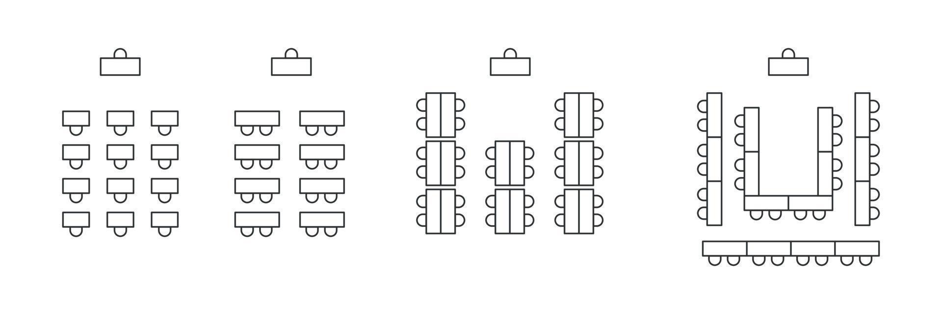 Set of plan seats in classroom or university top view. Chairs and tables line icons. Scheme, blueprint, architectural plan. Vector illustration on white background