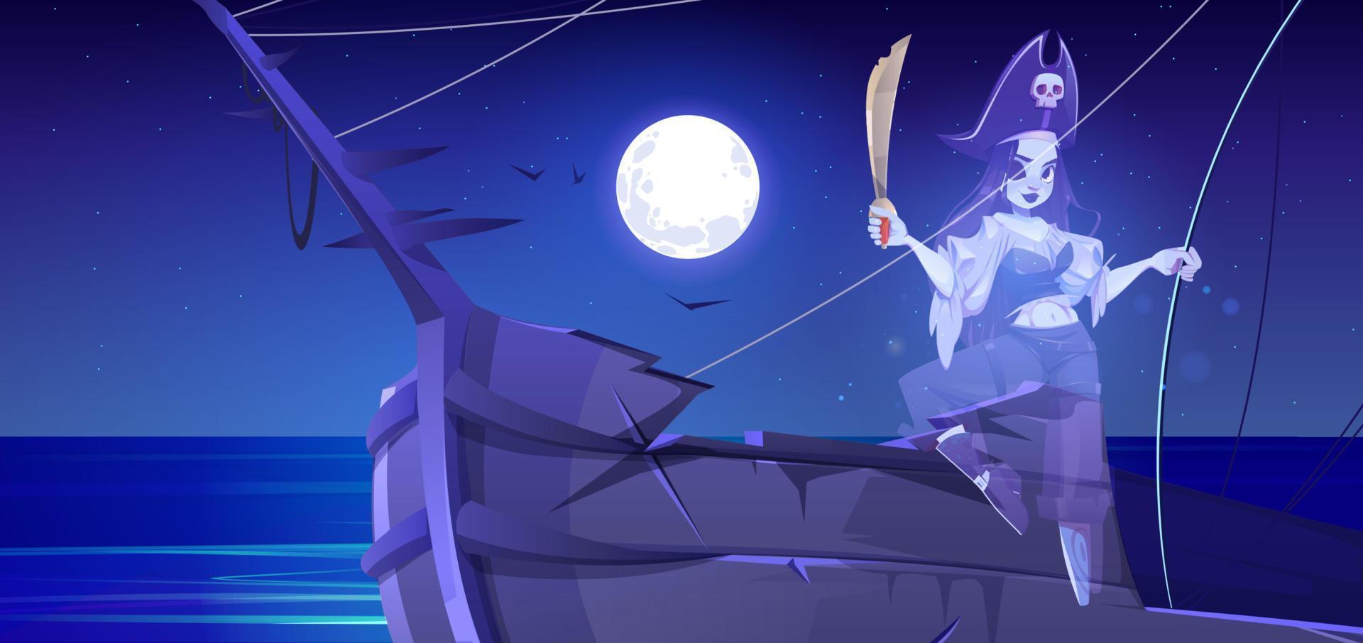 Ghost of girl pirate on ship deck at night vector