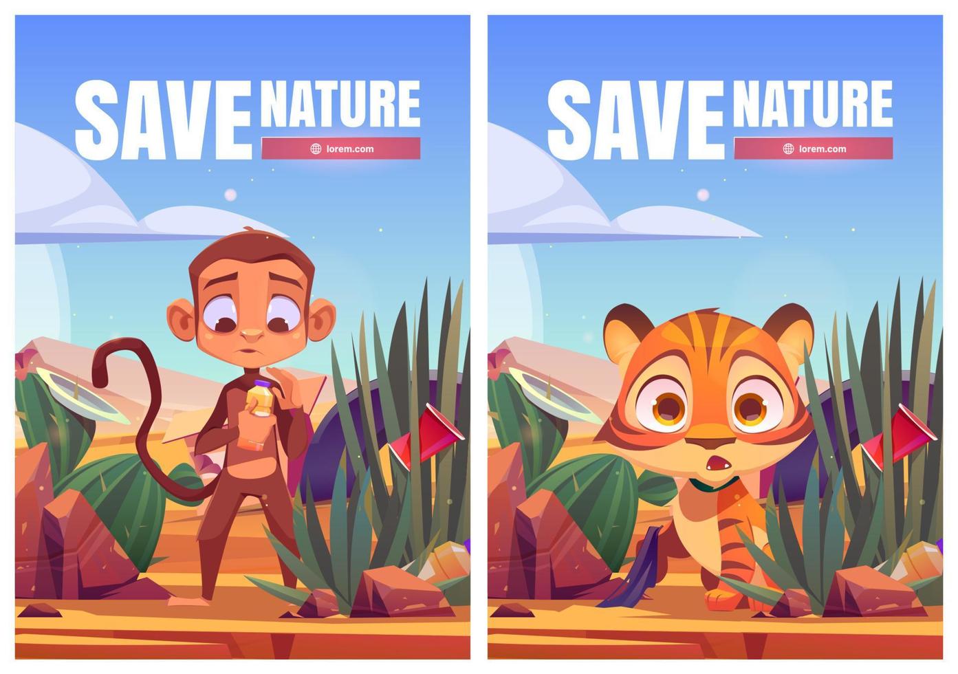 Save nature cartoon posters, tiger cub and monkey vector