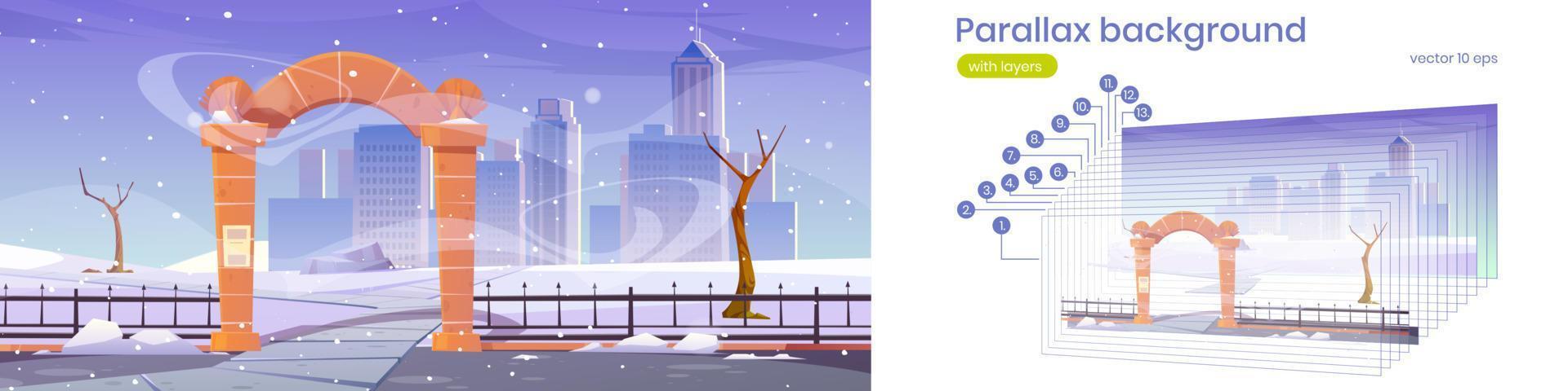 Parallax background, winter park with stone arch vector