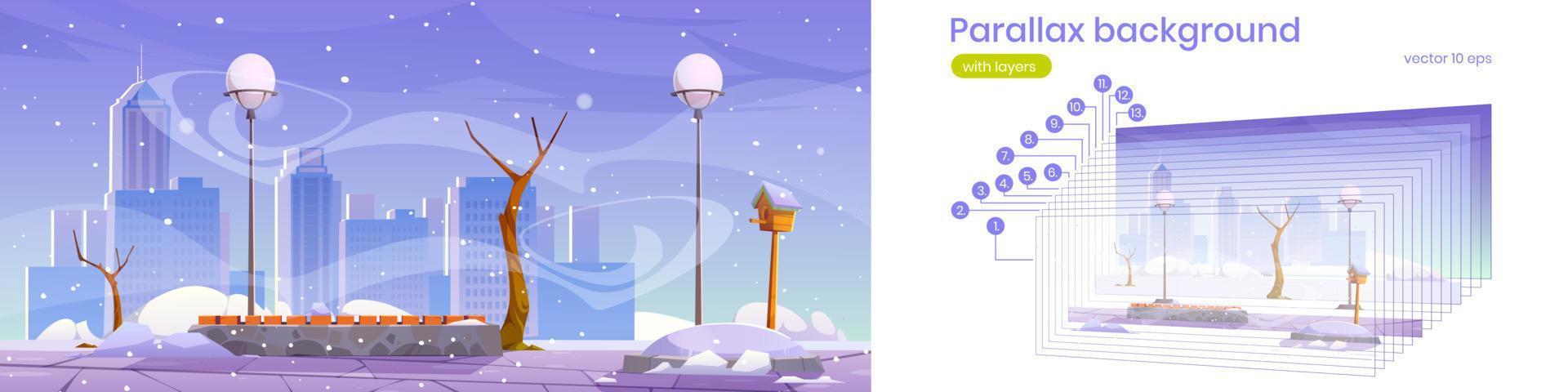 Parallax background winter park separated layers vector
