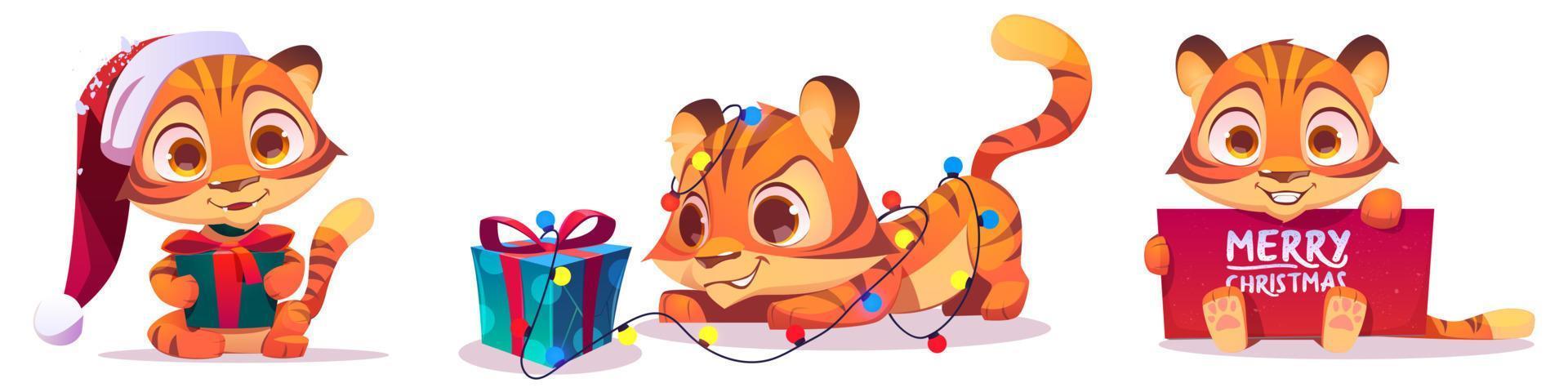 Christmas set with funny tiger in red hat vector