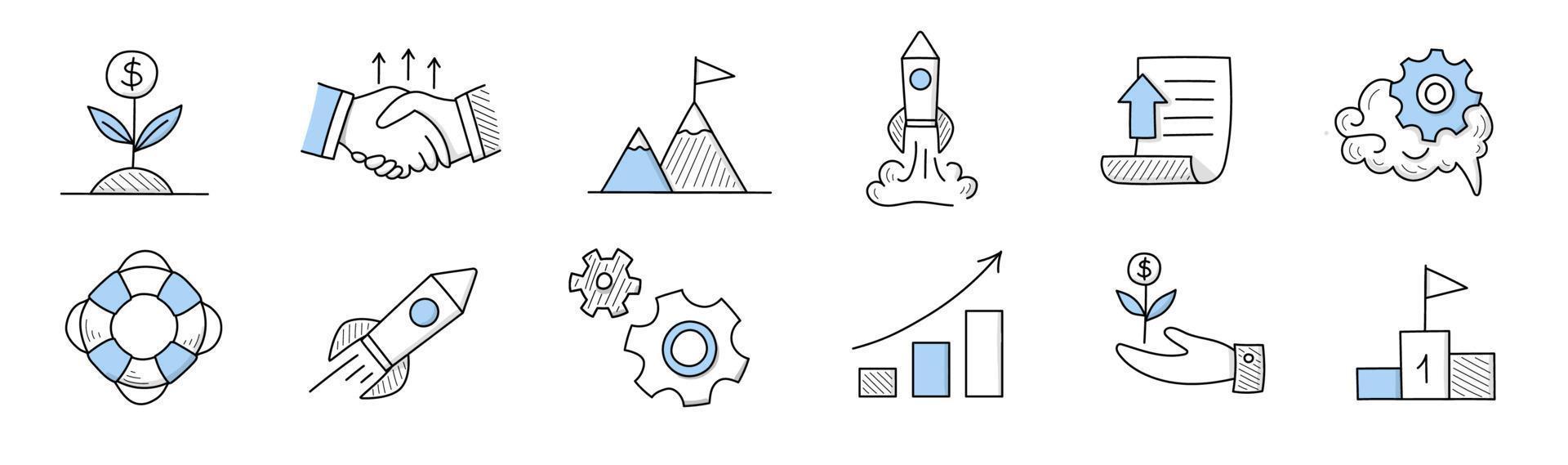 Set of doodle icons, linear vector business signs