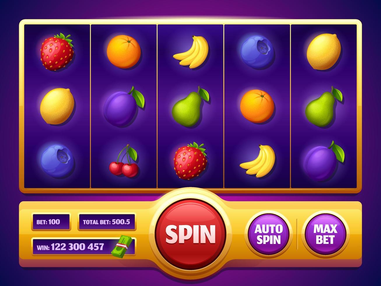 Slot machine game screen with fruits online casino vector