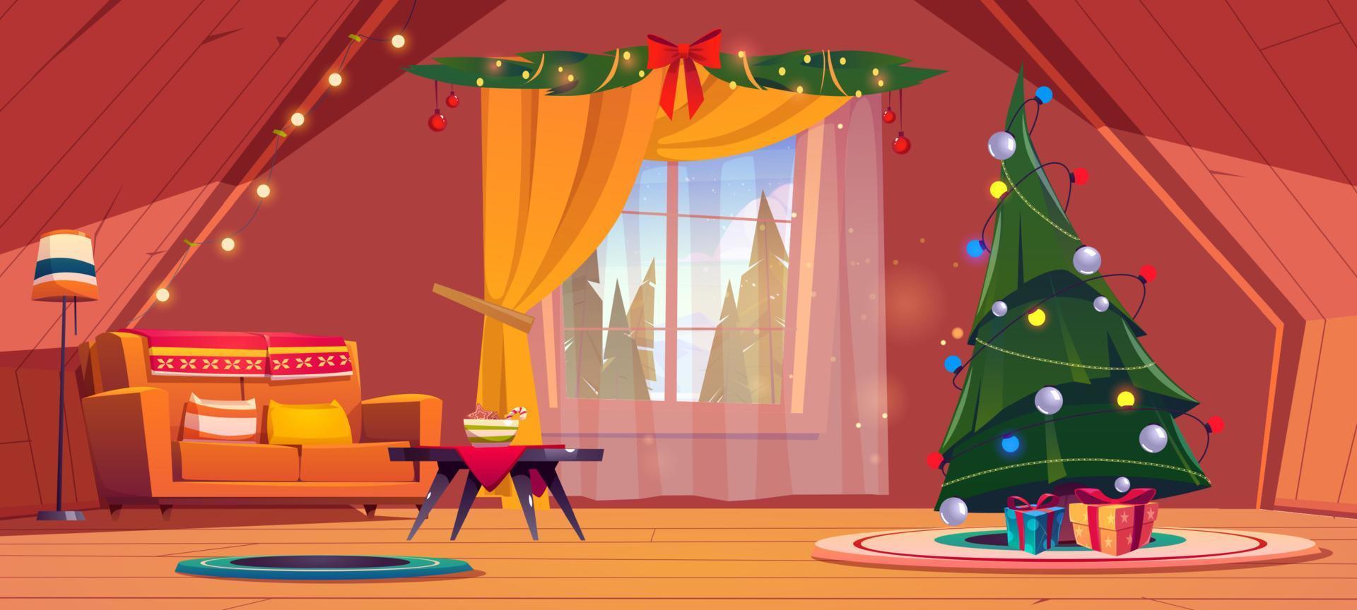 Living room with Christmas tree on house attic vector