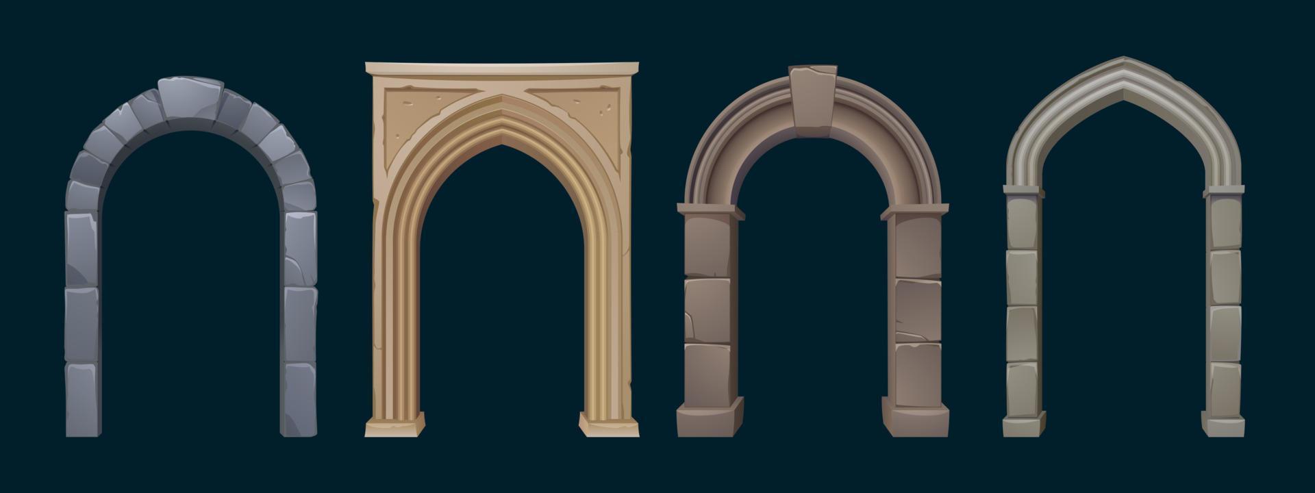 Architecture arches with stone columns, gates vector