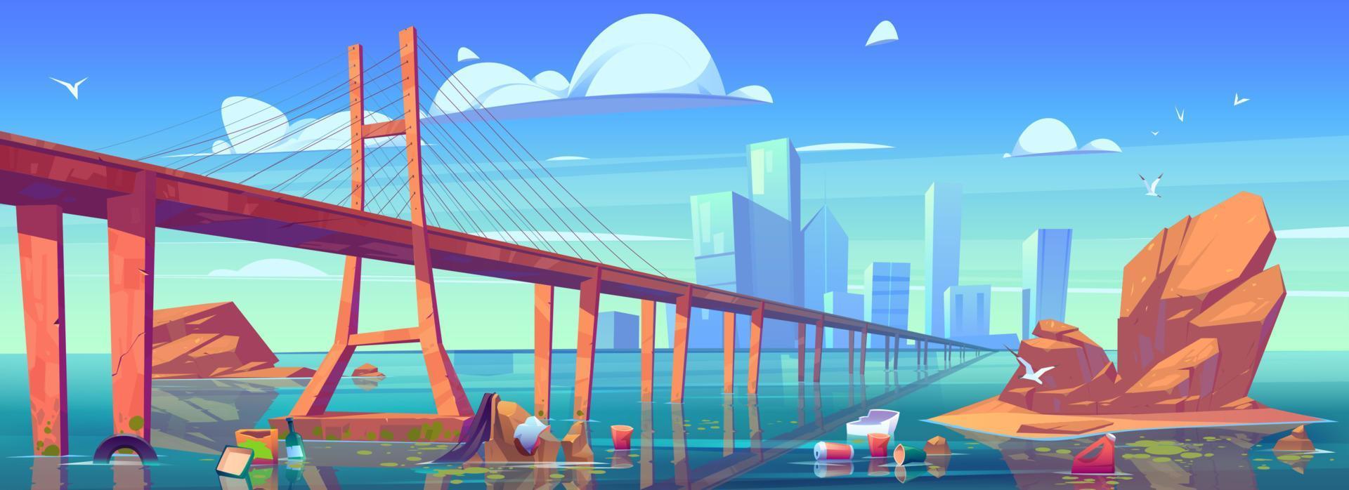 Modern city skyline with bridge and polluted ocean vector