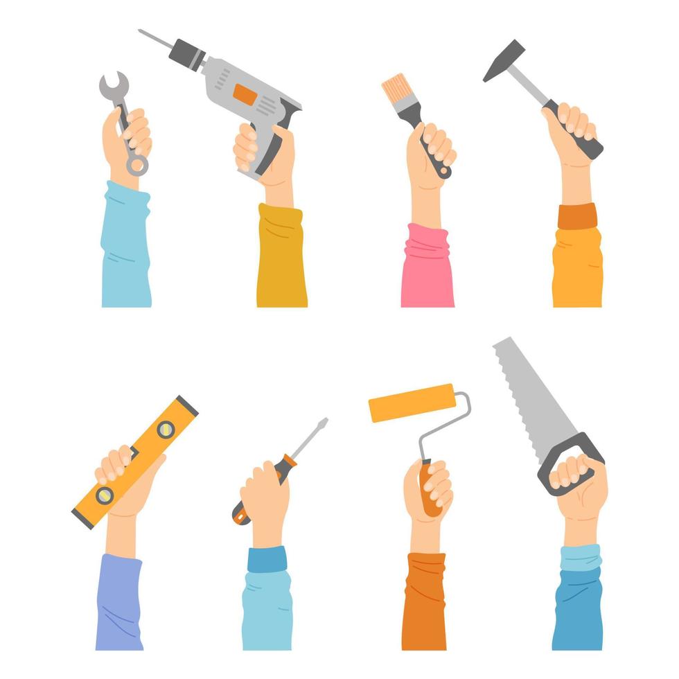 Hands with tools, housework instruments renovation vector