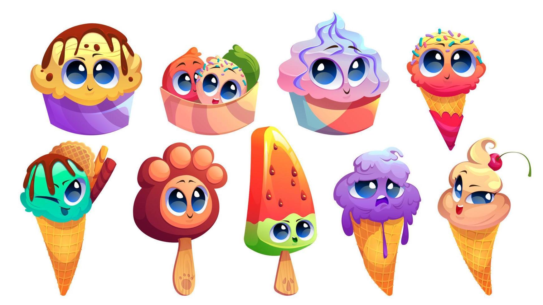 Set of cute ice cream characters funny summer food vector