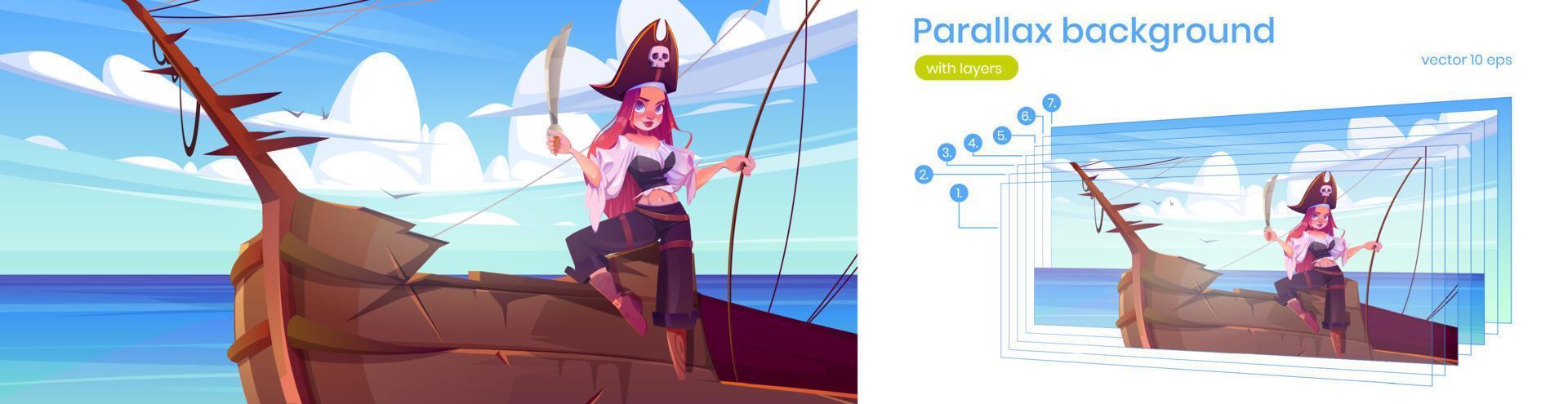 Parallax background with girl pirate on ship vector