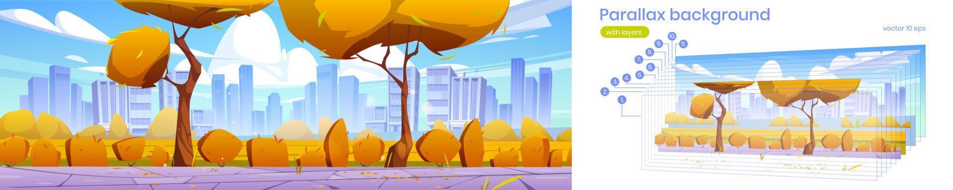 Parallax background autumn city skyline, cityscape vector