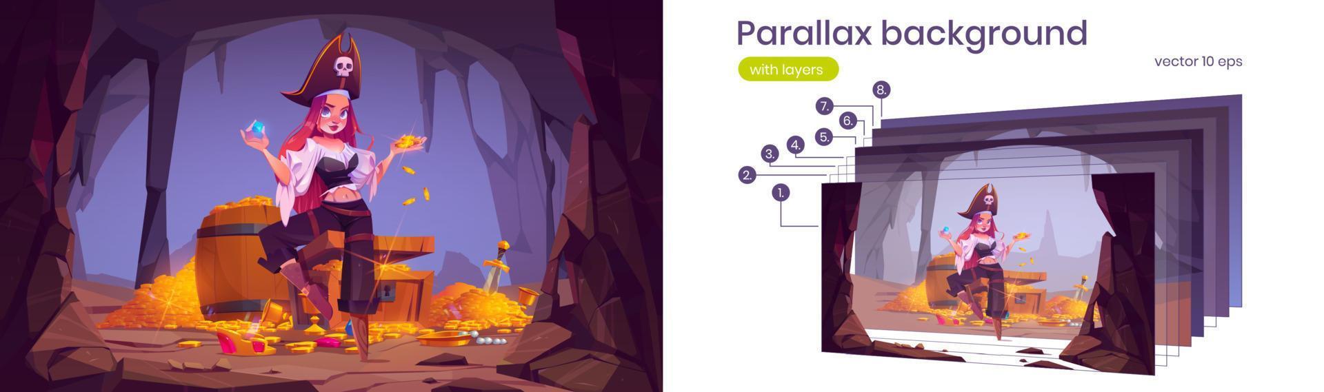 Parallax background pirate girl in treasure cave vector
