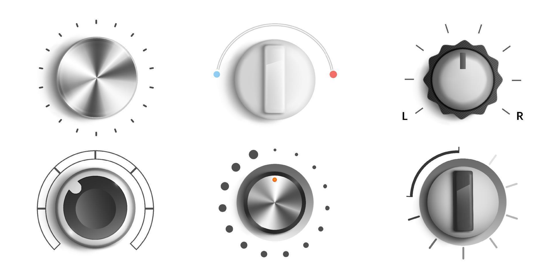 Volume knobs, round adjustment dial elements set vector