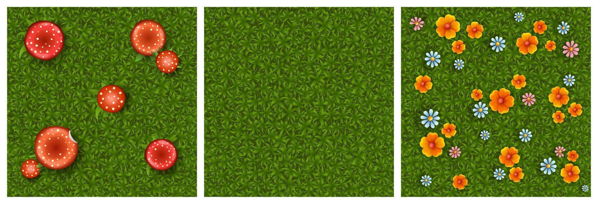 texturas de hierba verde con flores y setas vector