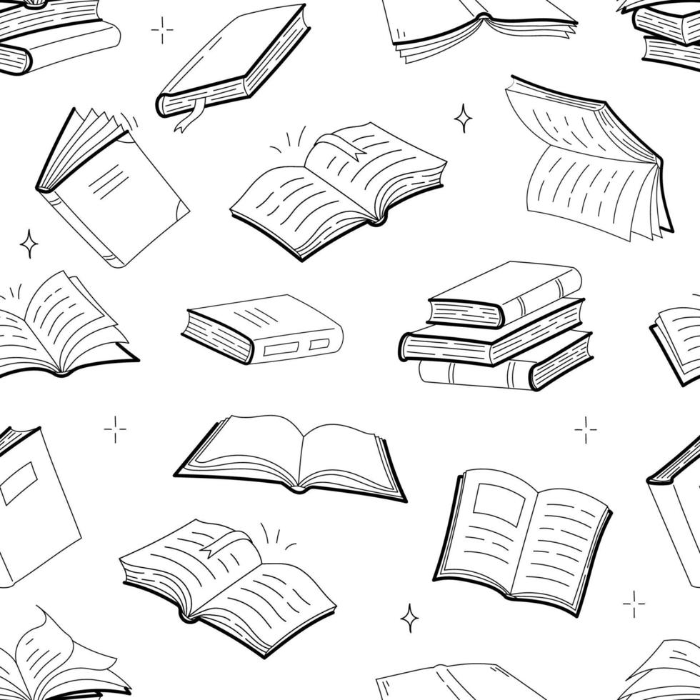 Books seamless pattern, doodle outline textbooks vector