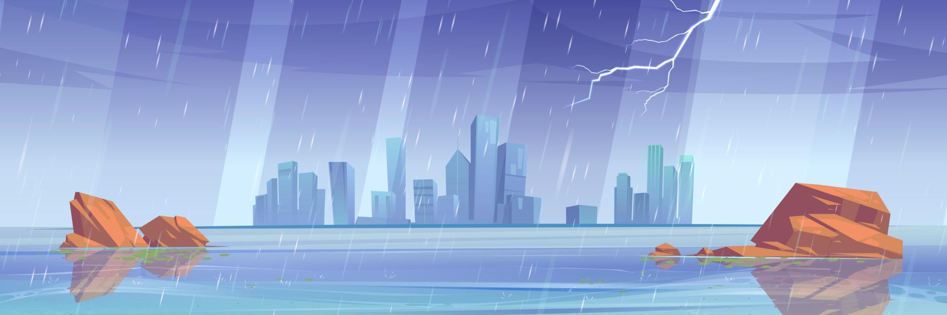 Lake with city buildings on skyline in rain vector