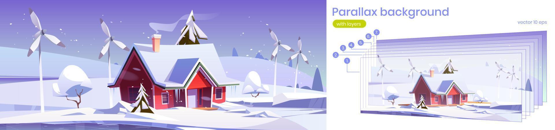 Parallax background winter 2d landscape with house vector