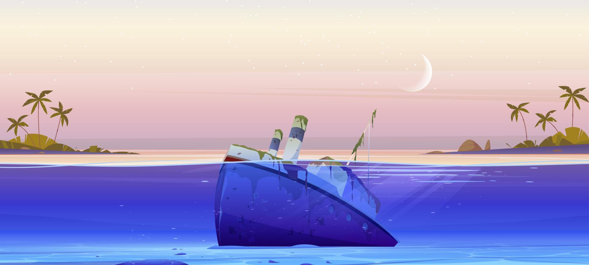 Wreck ship, sunken steamboat lying on ocean bottom vector