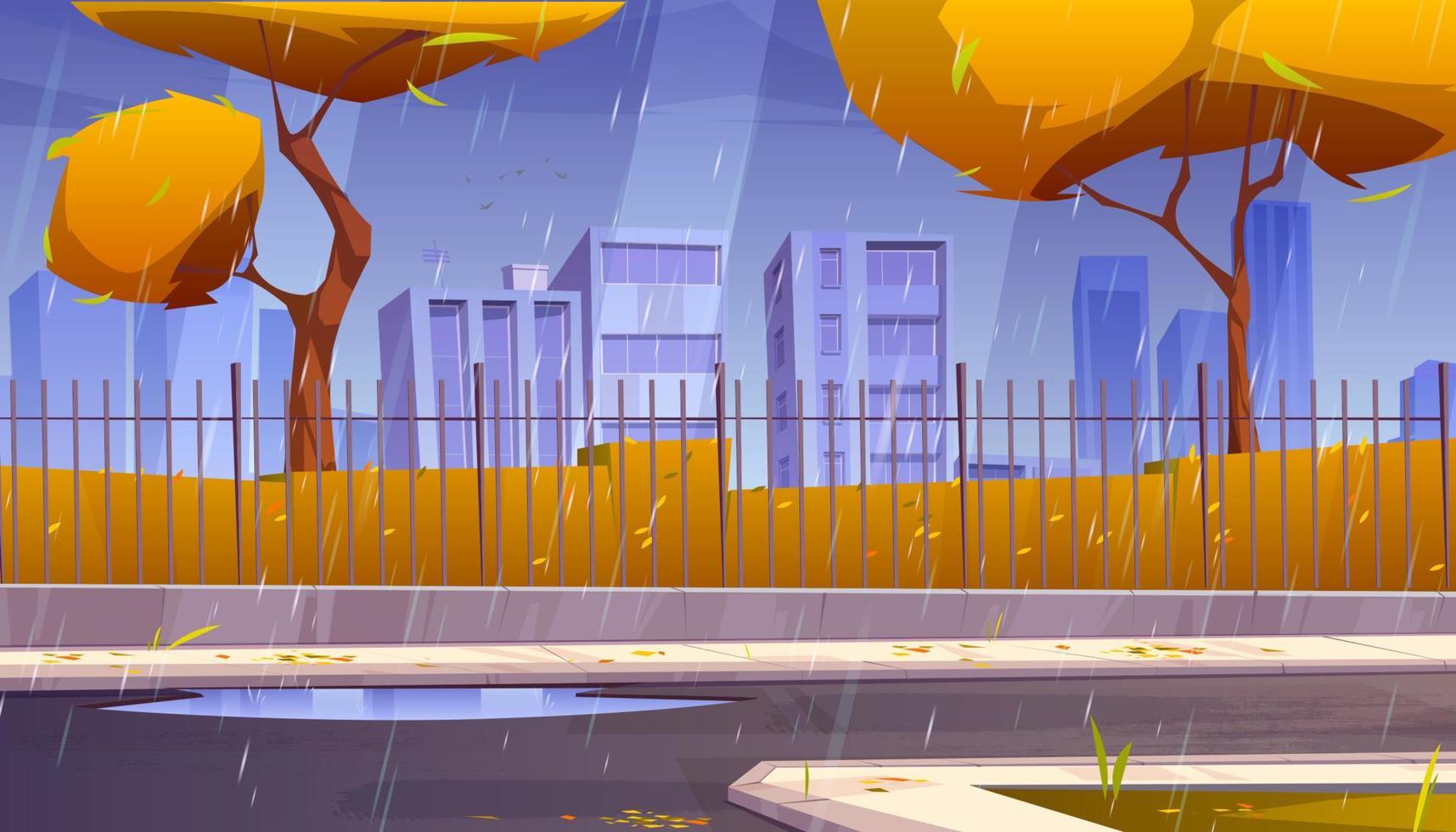 City street with autumn park behind fence in rain vector