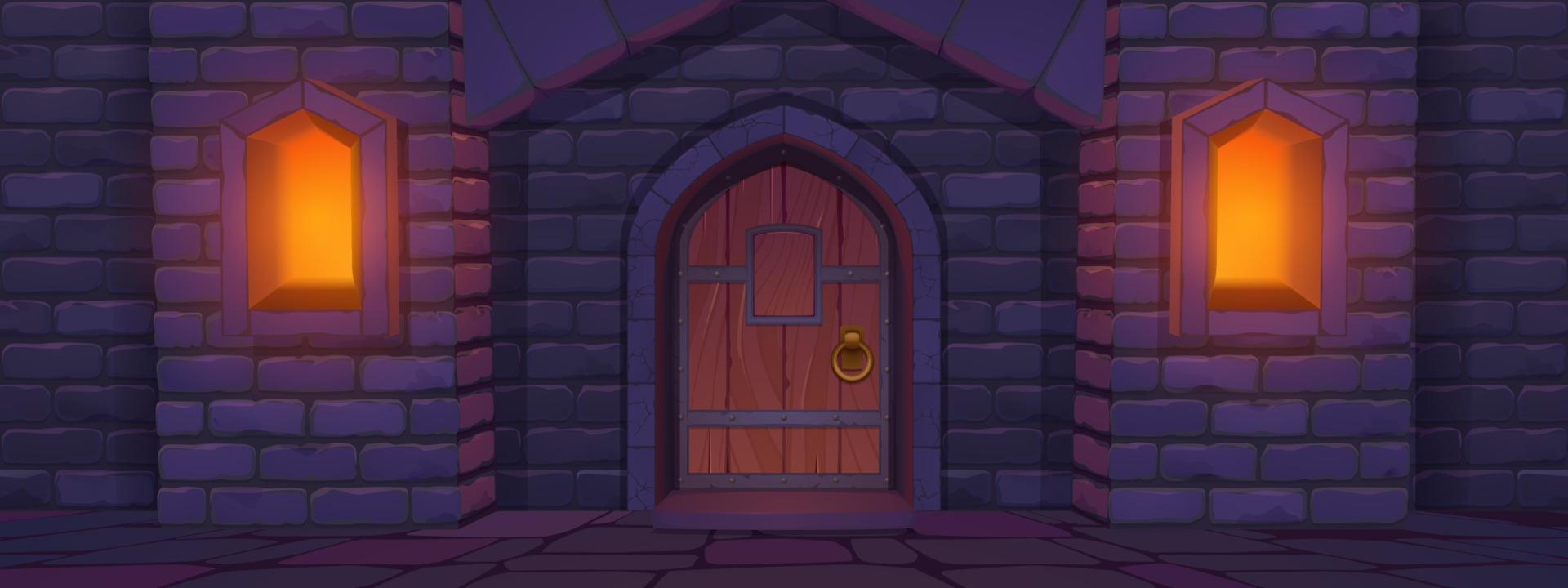 Medieval castle with wooden door at night vector