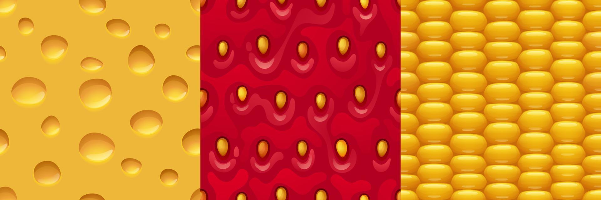 Cheese, strawberry and corn seamless textures set vector