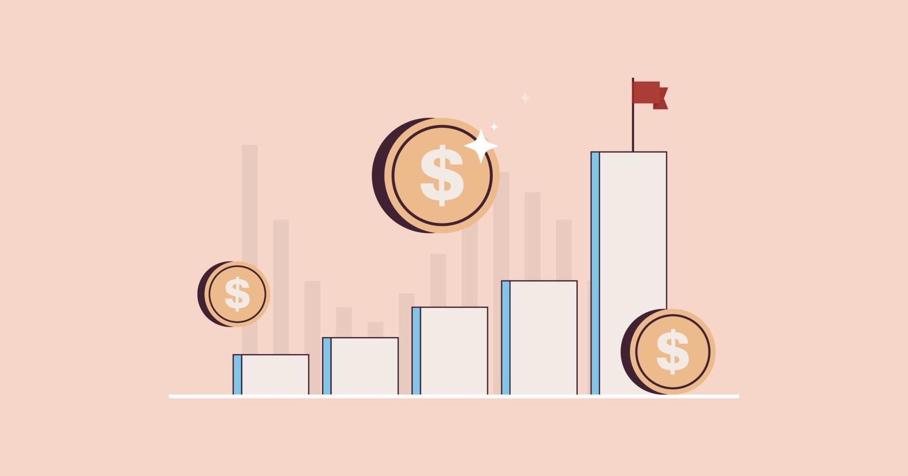 Business financial bar graph and growth chart with flag concept flat vector illustration.