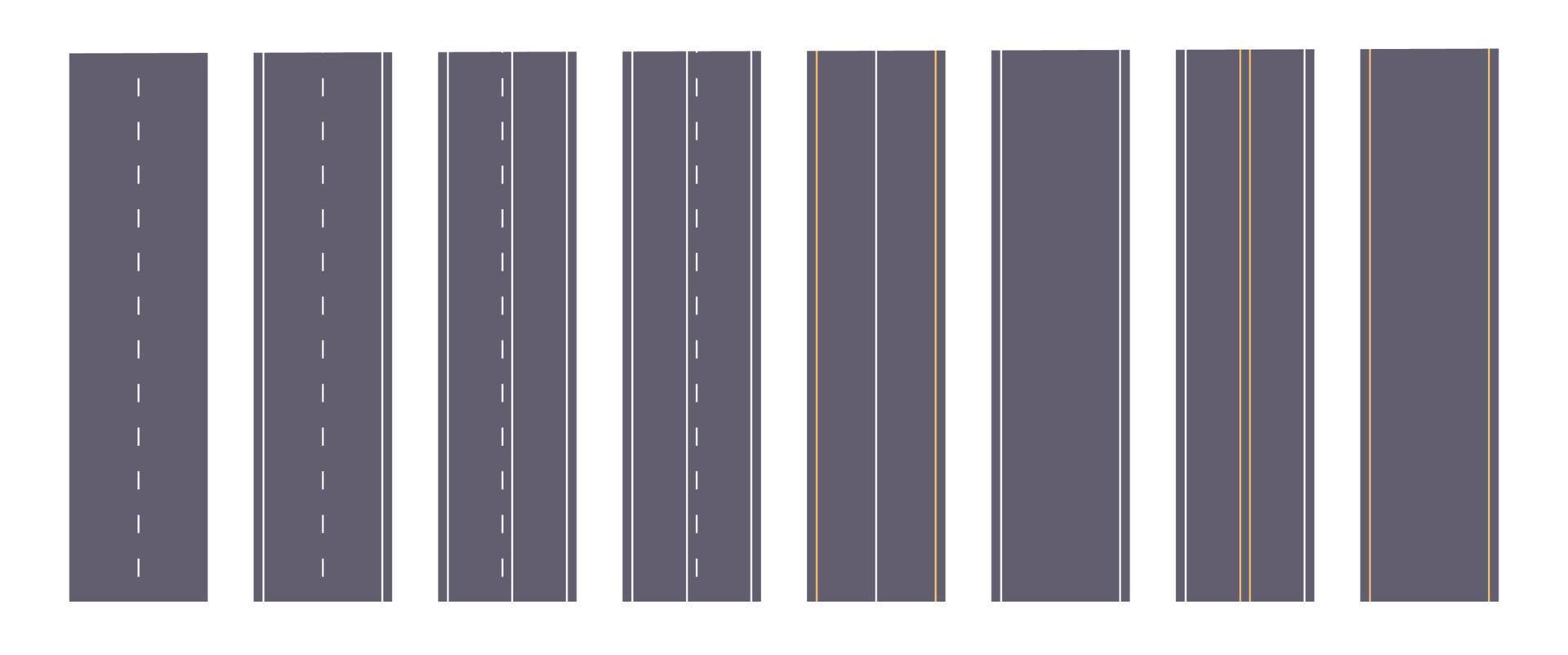 Asphalt highways with dotted or solid lines and road markings vertical concept flat vector illustration.