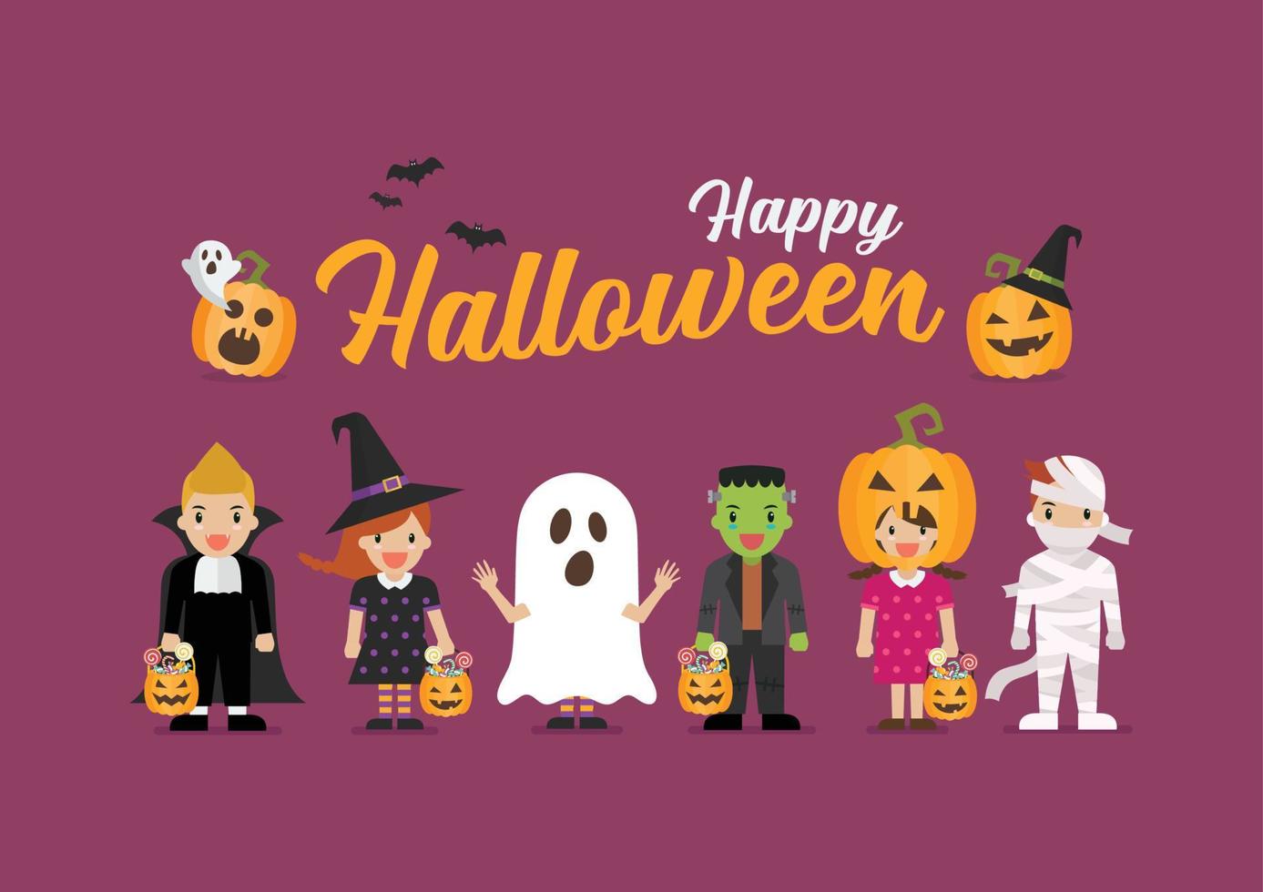 niños felices de halloween en disfraces diferentes de miedo vector