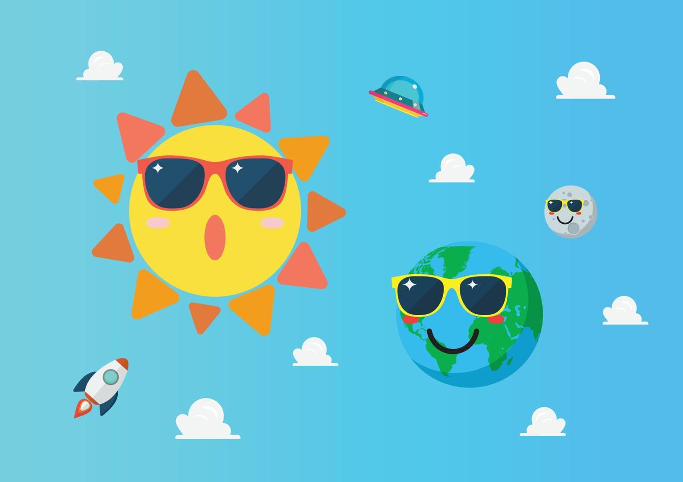 Planet earth wearing sunglasses againts sun character on blue sky vector