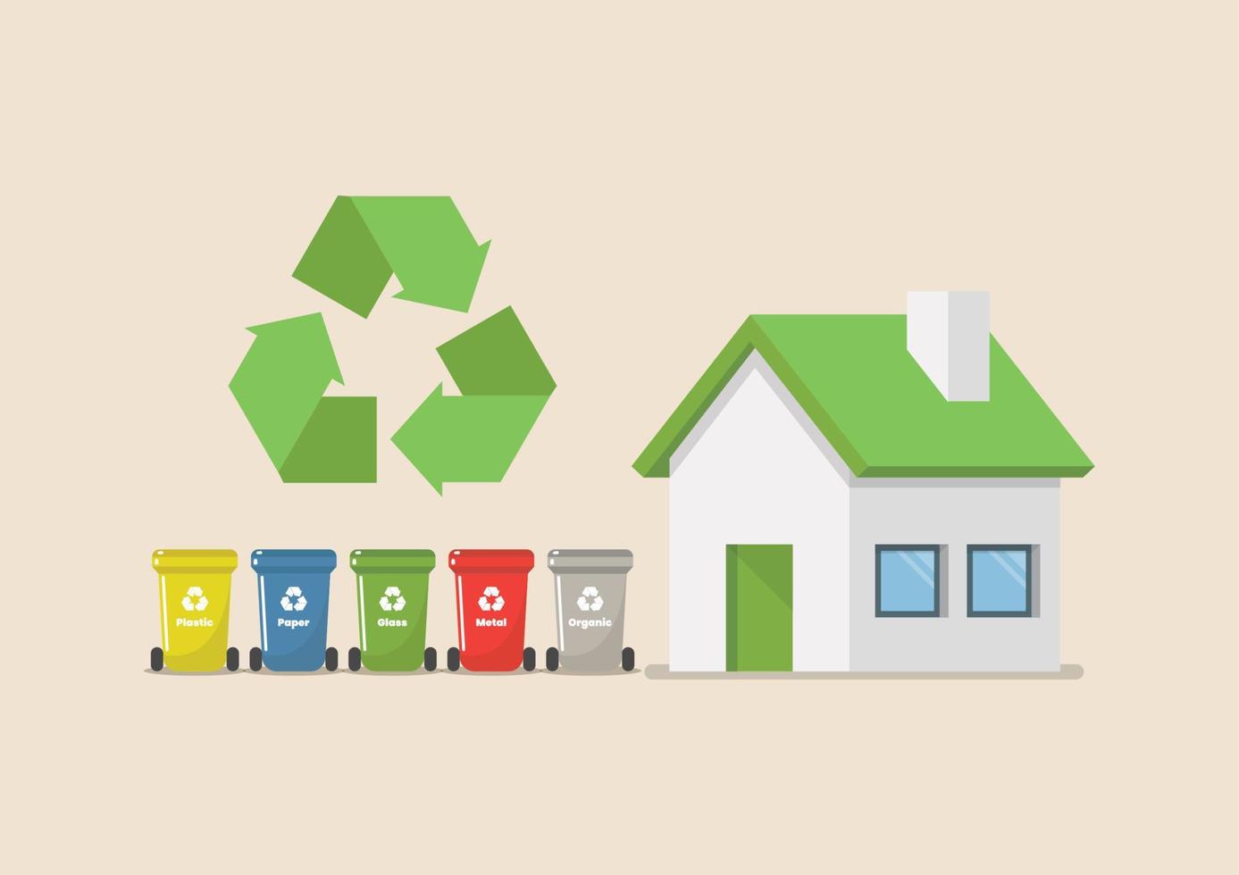 Recycle bins set with eco house vector