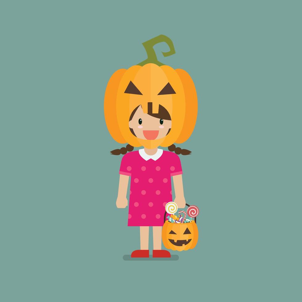 niña con canasta de calabaza con un disfraz de cabeza de calabaza vector