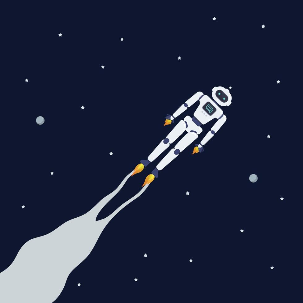 Android robot flying on space background vector
