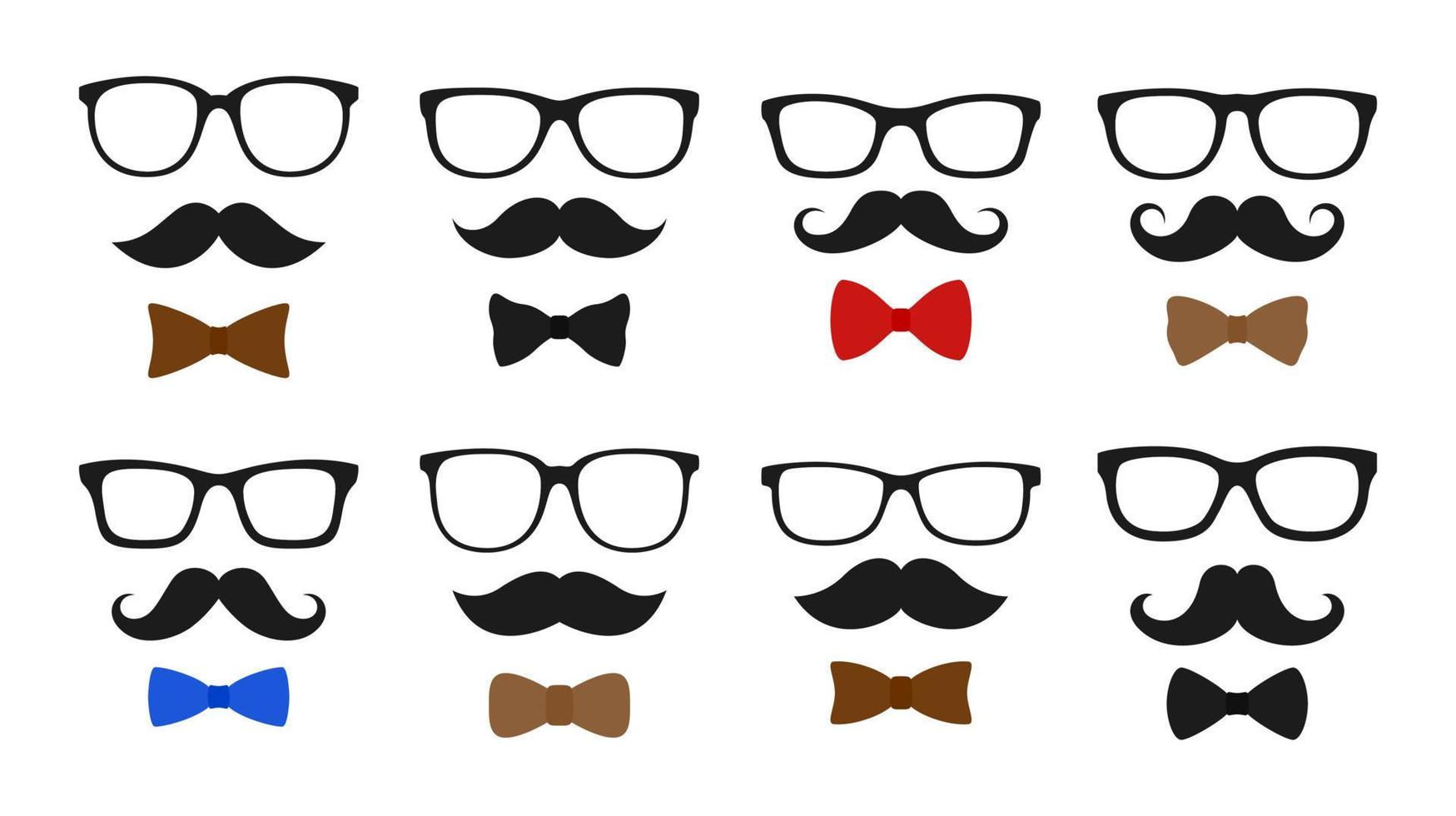 conjunto de bigote, pajarita y gafas en estilo plano aislado vector