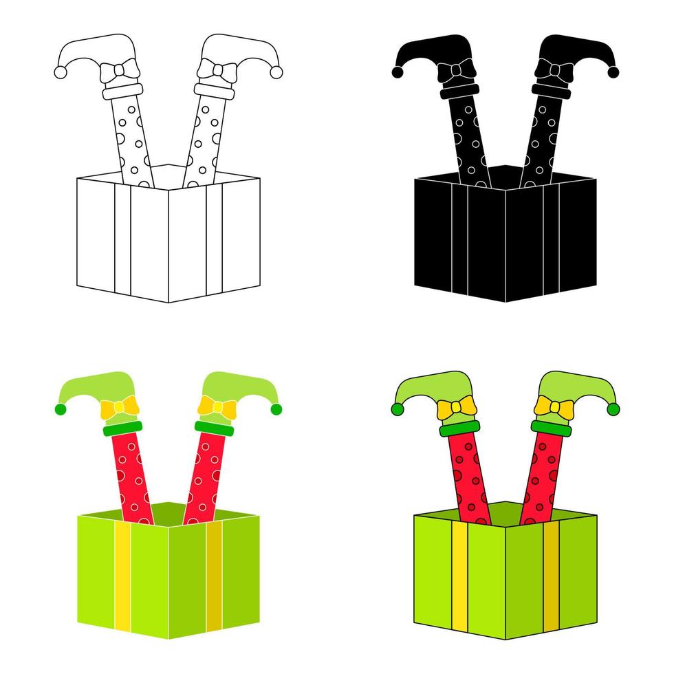 Set of Elf feet with gift box in flat style isolated vector
