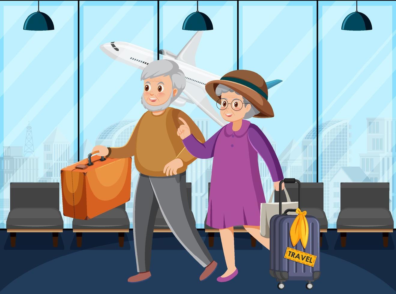 Senior couple travelers at airport terminal vector