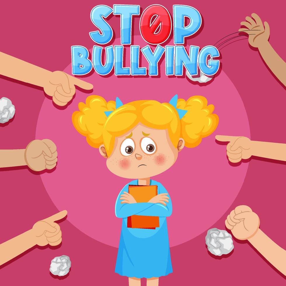 Stop Bullying text with kid surrounded by pointing fingers vector