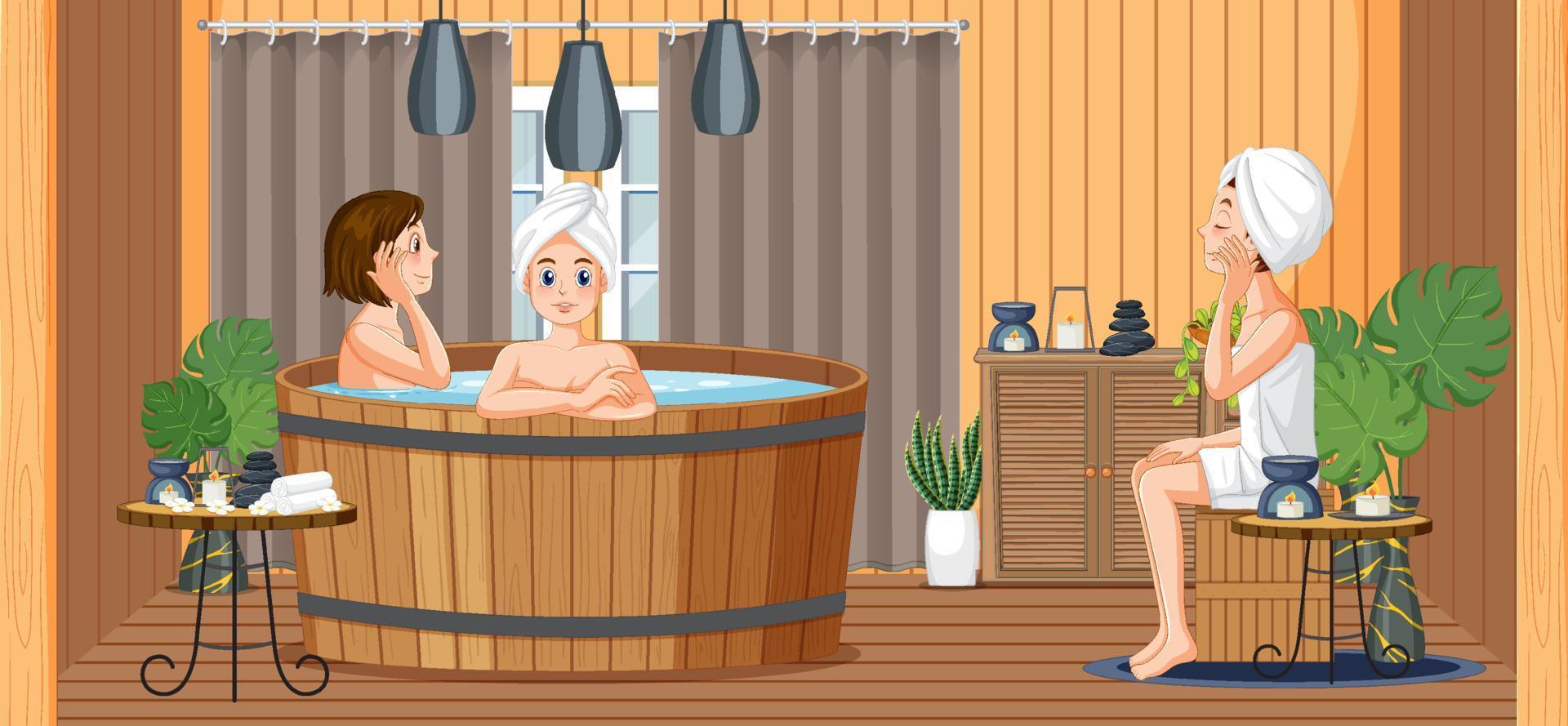 Girls enjoying hot tub in steam room vector