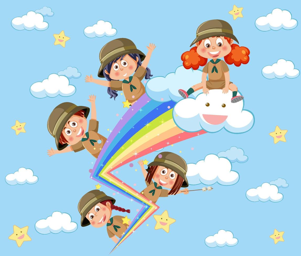 Happy kids in in the sky with rainbow vector