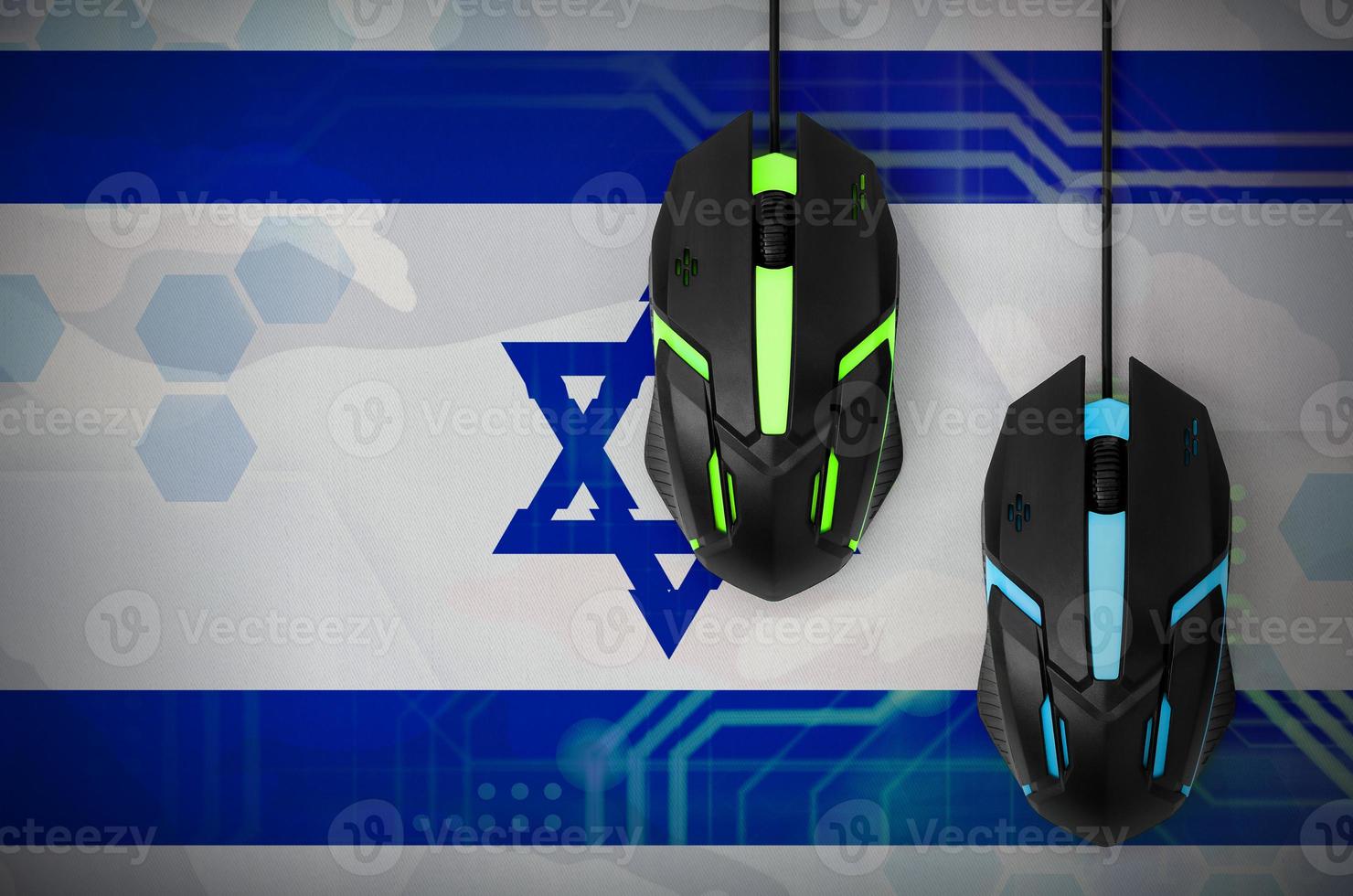 Israel flag and two mice with backlight. Online cooperative games. Cyber sport team photo