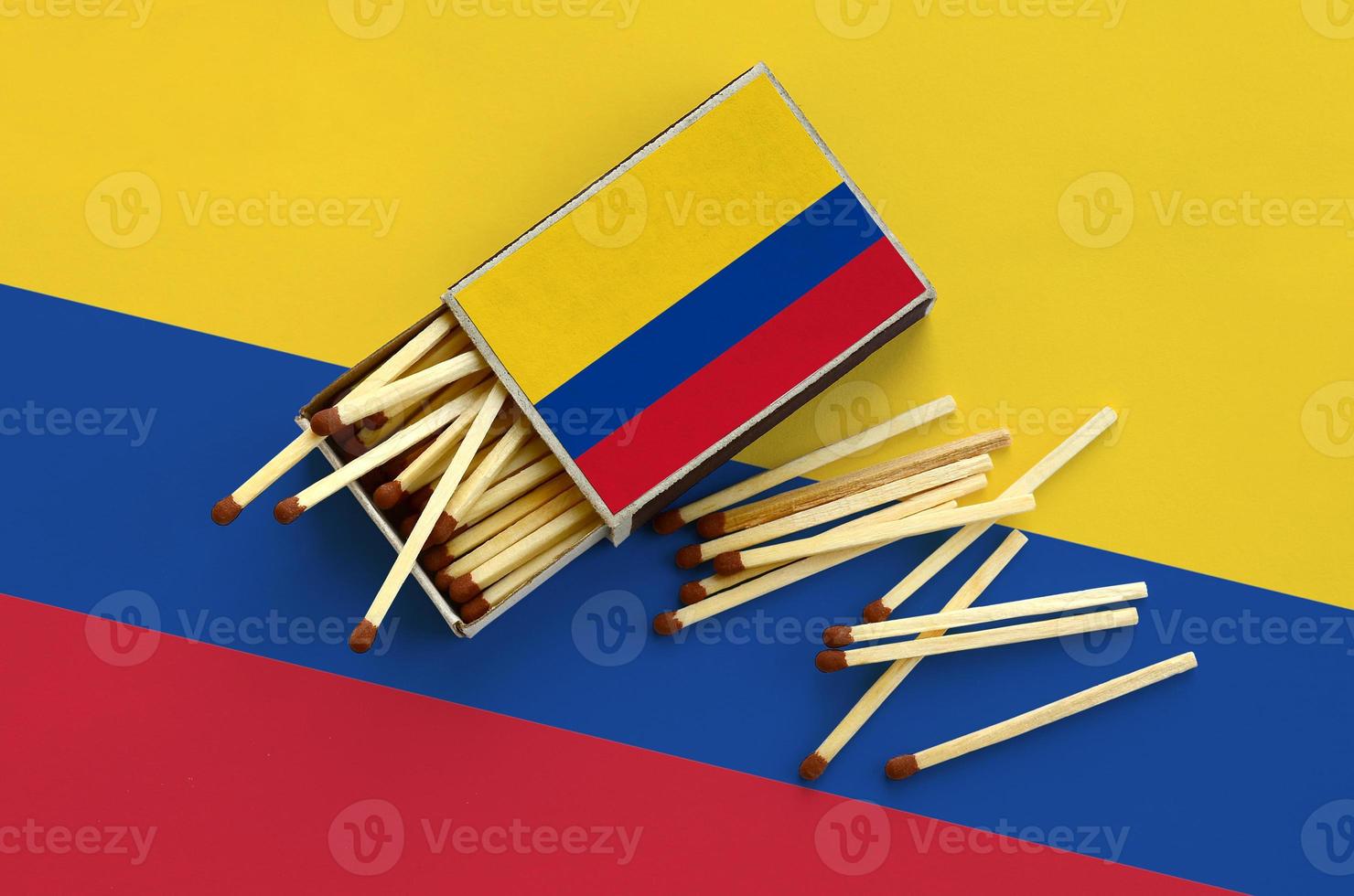 Colombia flag is shown on an open matchbox, from which several matches fall and lies on a large flag photo